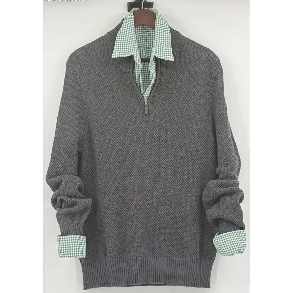 J Crew‎ Qtr Zip Charcoal Grey Sweater & Green White Check Oxford Shirt XL Slim